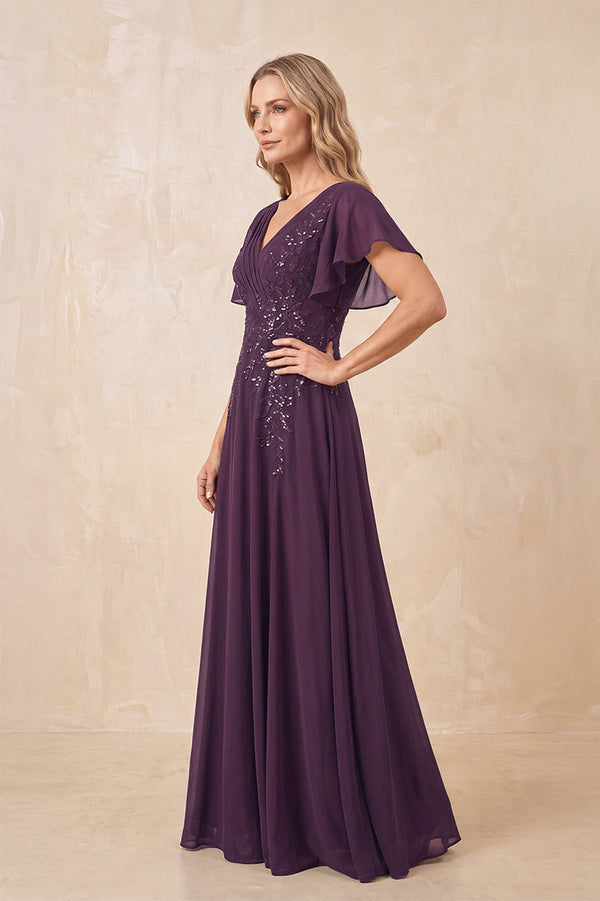 Plum V-Neck Chiffon Ruffled Sleeves A-Line Mother of the Bride Dress (3) | KISSBRIDAL