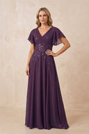 Plum V-Neck Chiffon Ruffled Sleeves A-Line Mother of the Bride Dress | KISSBRIDAL