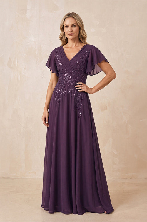 Plum V-Neck Chiffon Ruffled Sleeves A-Line Mother of the Bride Dress | KISSBRIDAL