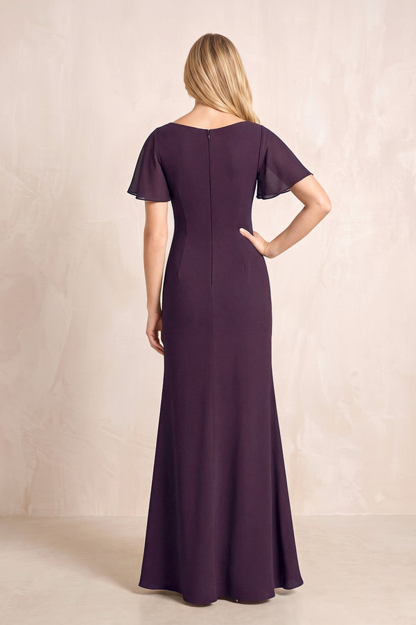 Plum V-Neck Sheath Chiffon Ruffled Short Sleeves Mother of the Bride Dress with Slit (2) | KISSBRIDAL