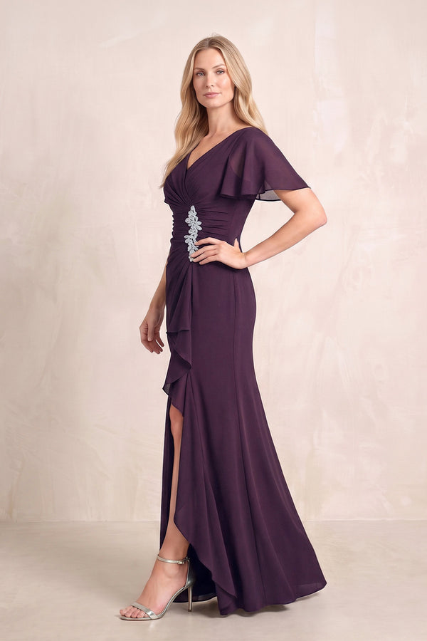 Plum V-Neck Sheath Chiffon Ruffled Short Sleeves Mother of the Bride Dress with Slit (3) | KISSBRIDAL