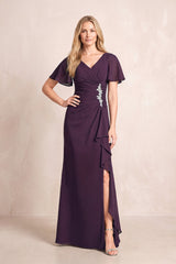 Plum V-Neck Sheath Chiffon Ruffled Short Sleeves Mother of the Bride Dress with Slit | KISSBRIDAL