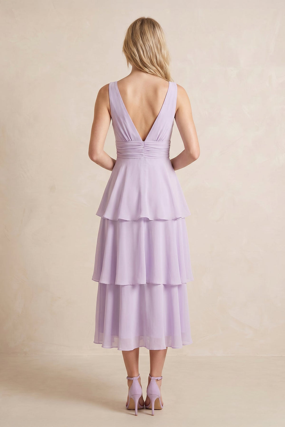 Plunge A-Line Chiffon Ruffled Midi Dress in Lavender– KISS BRIDAL Dresses