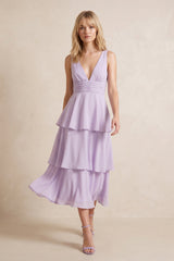 Plunge A-Line Chiffon Ruffled Midi Dress in Lavender– KISS BRIDAL Dresses