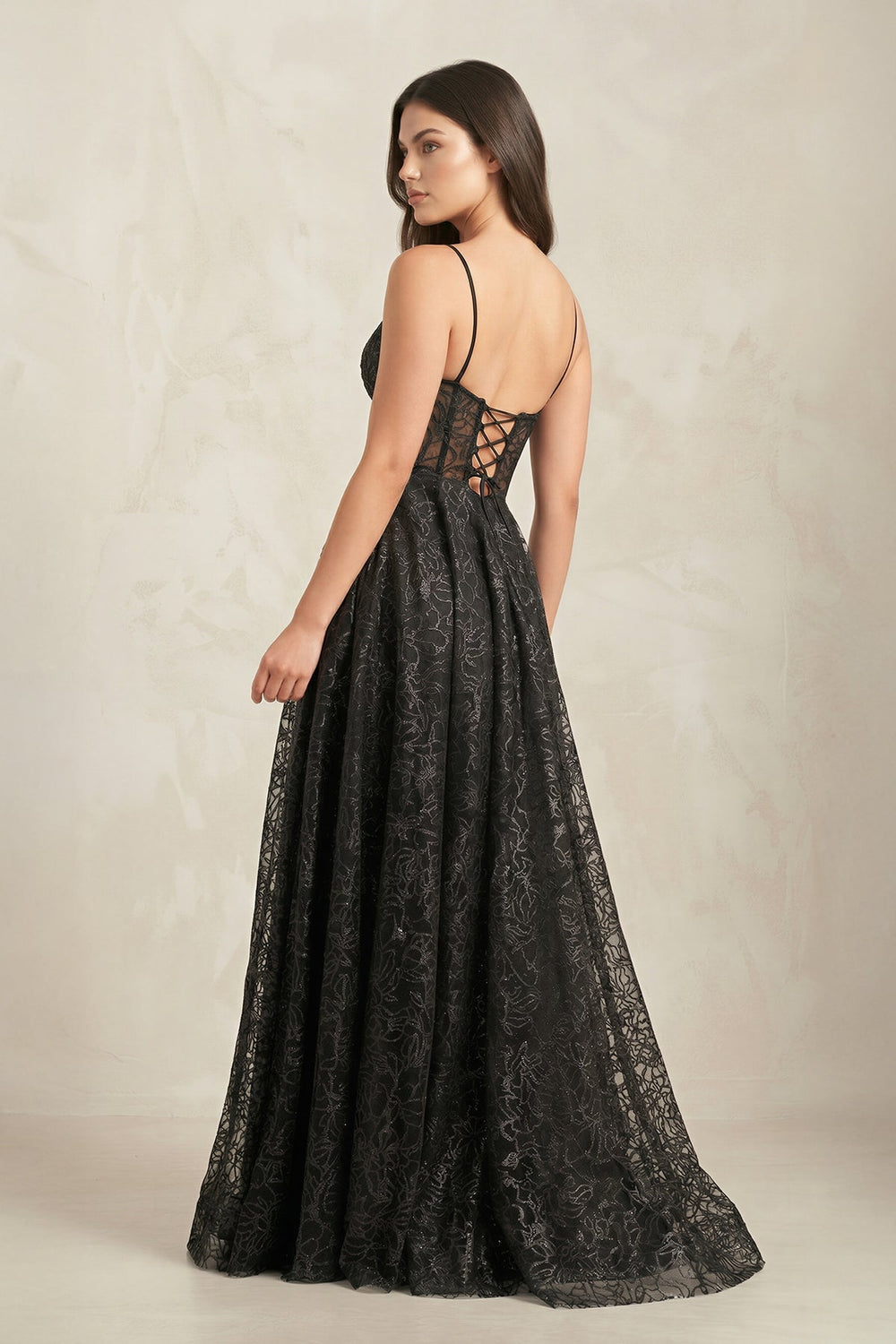 Plunge A - Line Lace Wedding Dress With Slit in Black - KISS BRIDAL Wedding Dresses