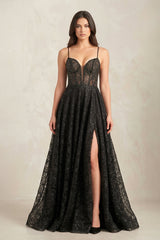 Plunge A - Line Lace Wedding Dress With Slit in Black - KISS BRIDAL Wedding Dresses