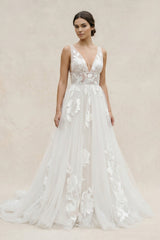 Plunge A - Line Tulle Appliqued Wedding Dress in Ivory - KISS BRIDAL Wedding Dresses