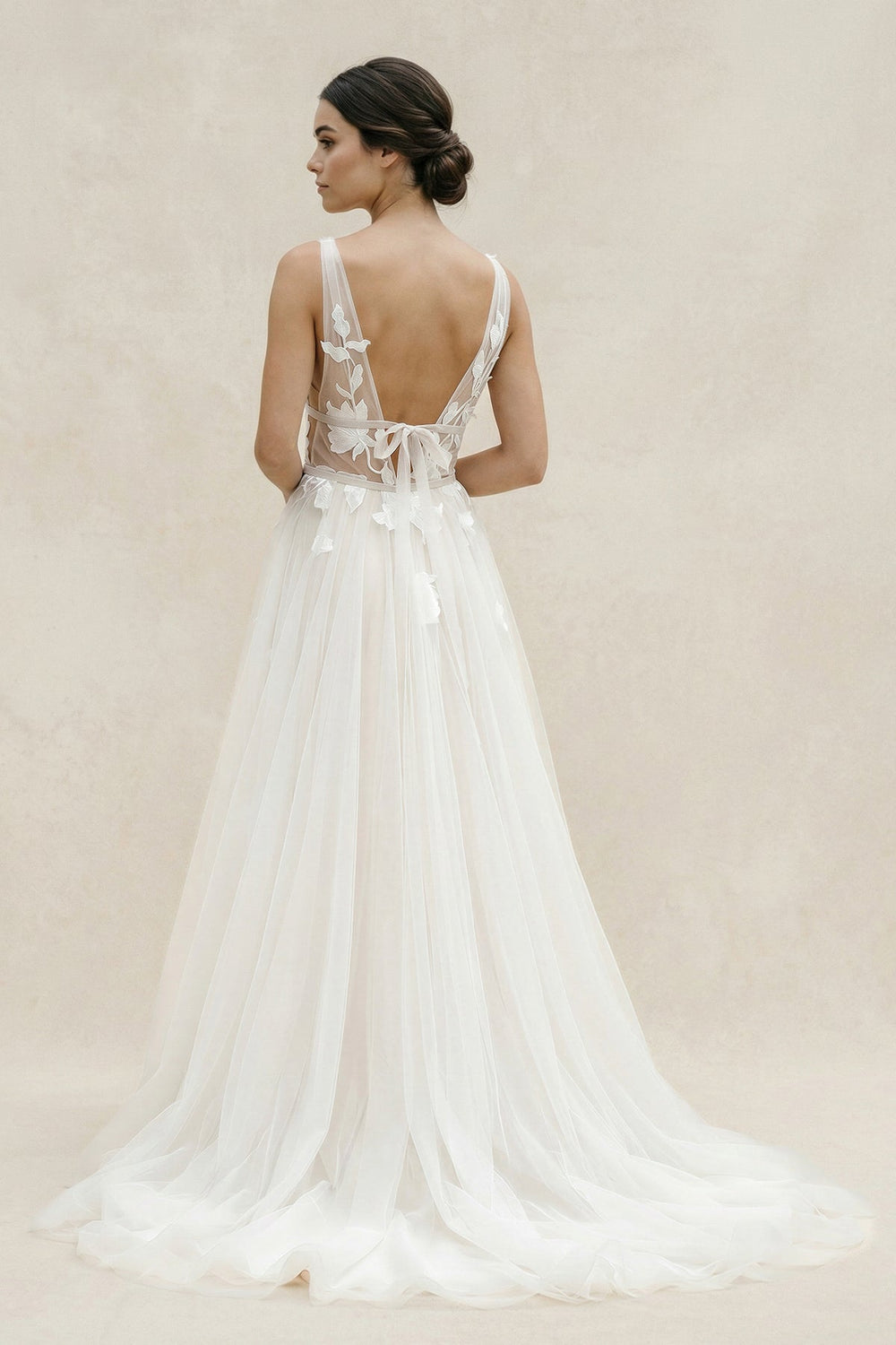Plunge A - Line Tulle Appliqued Wedding Dress in Ivory - KISS BRIDAL Wedding Dresses