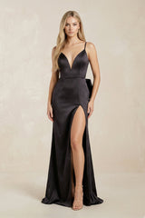 Plunge Satin Sheath Wedding Dress With Bow and Slit in Black - KISS BRIDAL Wedding Dresses