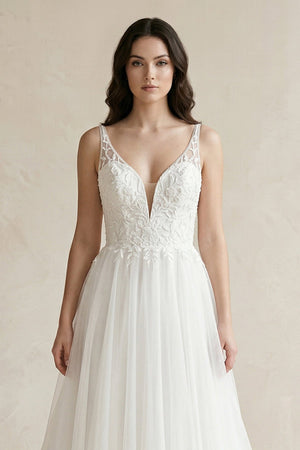 Plunge Tulle A - Line Appliqued Maxi Wedding Dress in White - SHE IS ME Wedding Dresses