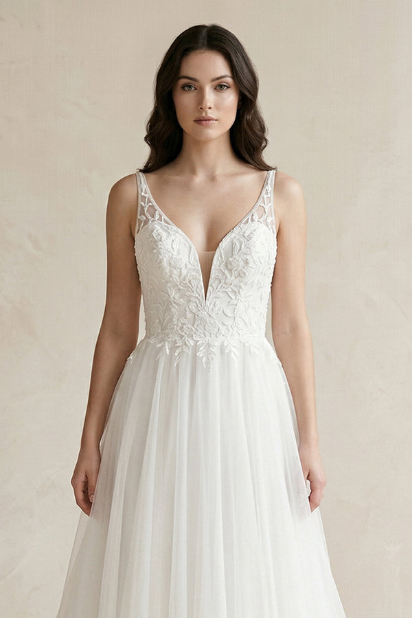 Plunge Tulle A - Line Appliqued Maxi Wedding Dress in White - SHE IS ME Wedding Dresses