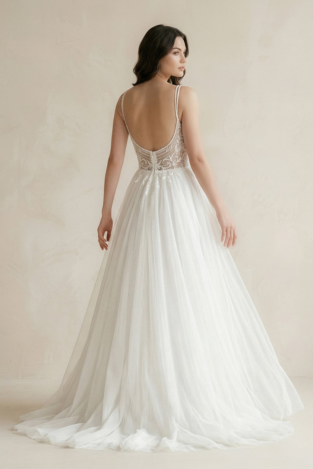Plunge Tulle A - Line Appliqued Maxi Wedding Dress in White - KISS BRIDAL Wedding Dresses