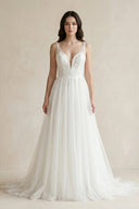 Plunge Tulle A - Line Appliqued Maxi Wedding Dress in White - SHE IS ME Wedding Dresses