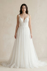 Plunge Tulle A - Line Appliqued Maxi Wedding Dress in White - KISS BRIDAL Wedding Dresses