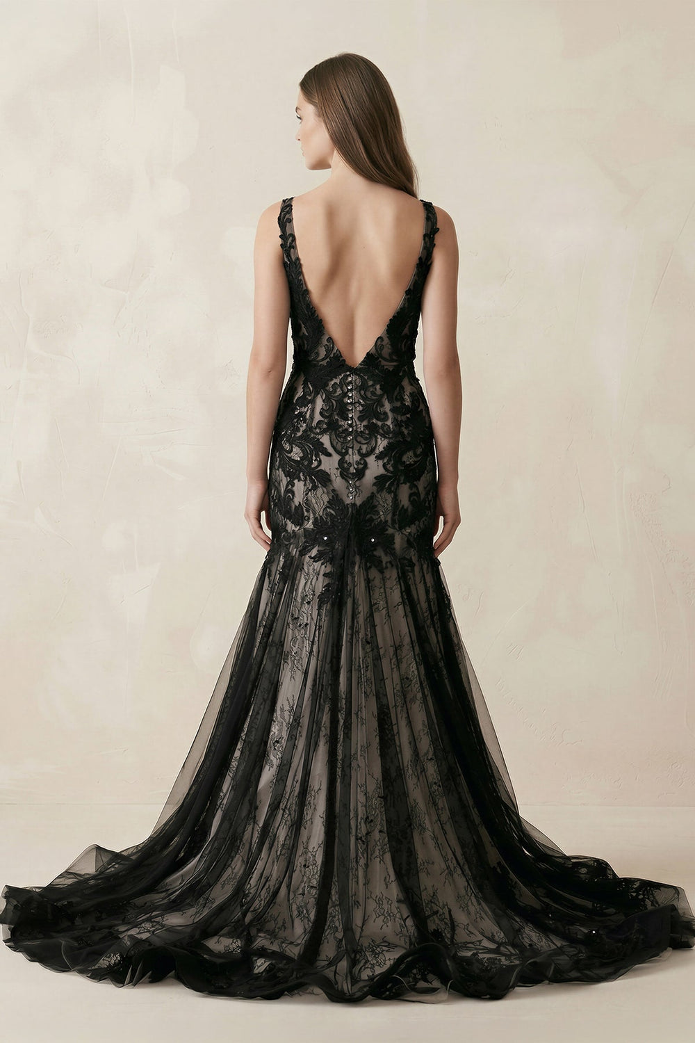 Plunge Tulle Appliqued Mermaid Wedding Dress With Open Back in Black - KISS BRIDAL Wedding Dresses