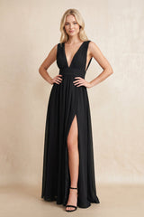 Plunging A - Line Chiffon Maxi Dress in Black - KISS BRIDAL Dresses