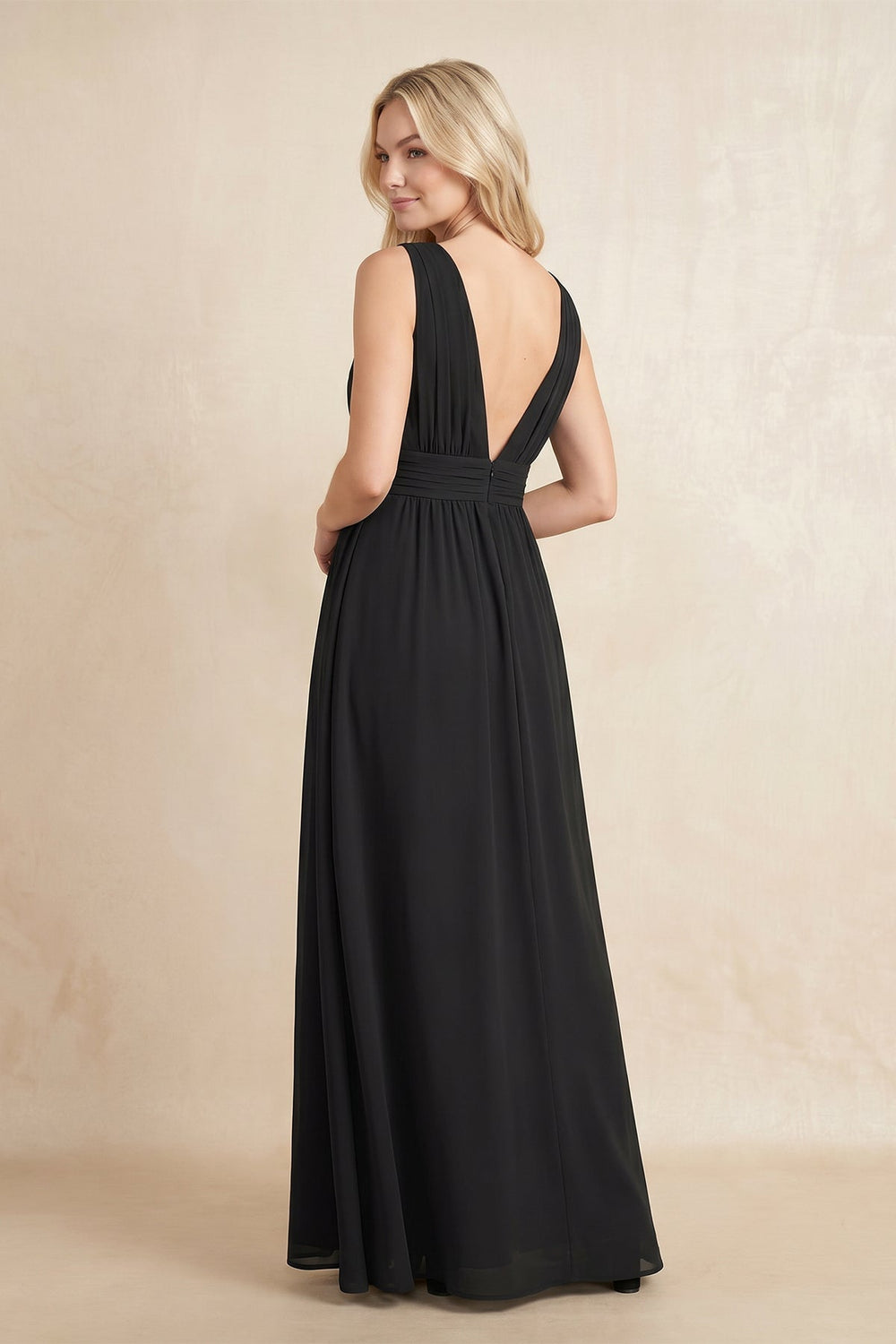 Plunging A - Line Chiffon Maxi Dress in Black - KISS BRIDAL Dresses