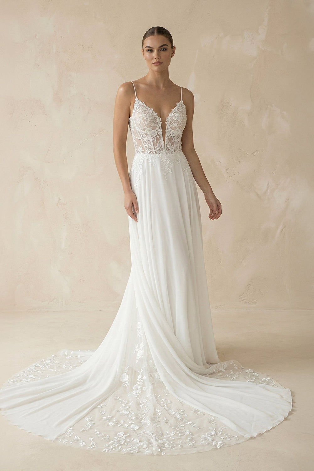 Plunging Sheath Satin Appliqued Wedding Dress in White - KISS BRIDAL Wedding Dresses