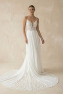 Plunging Sheath Satin Appliqued Wedding Dress in White - SHE IS ME Wedding Dresses
