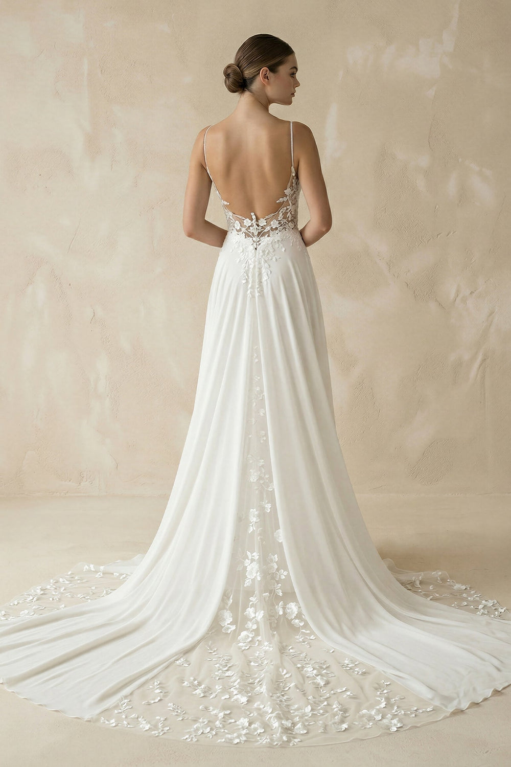 Plunging Sheath Satin Appliqued Wedding Dress in White - KISS BRIDAL Wedding Dresses