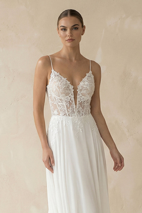 Plunging Sheath Satin Appliqued Wedding Dress in White - SHE IS ME Wedding Dresses