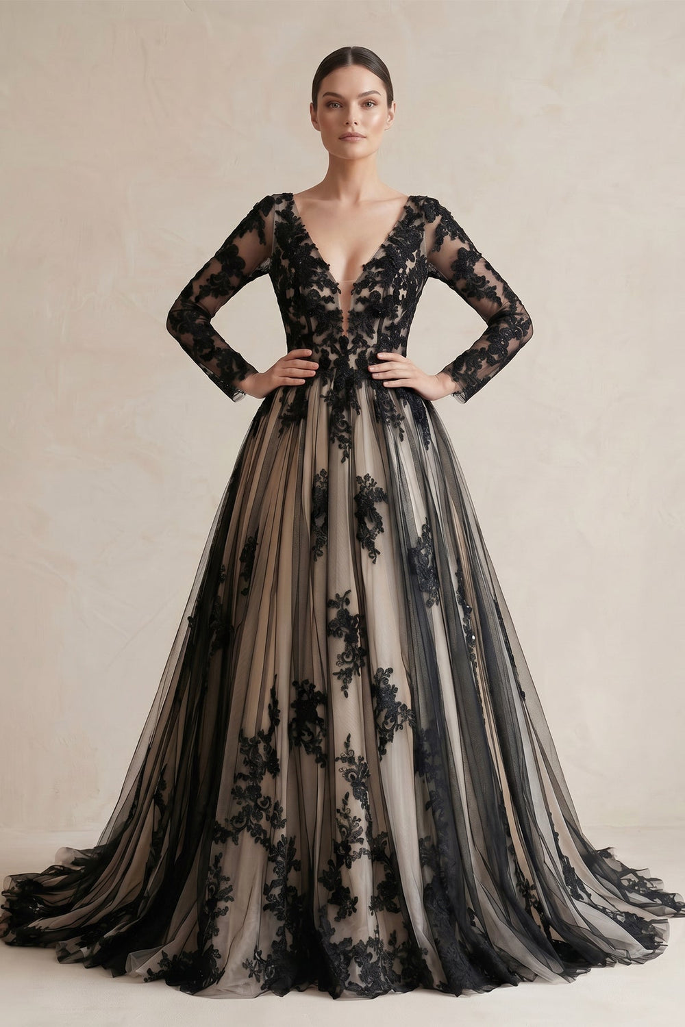 Plunging Tulle Appliqued Ball - Gown Wedding Dress in Black and Nude - KISS BRIDAL Wedding Dresses