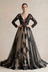 Plunging Tulle Appliqued Ball - Gown Wedding Dress in Black and Nude - KISS BRIDAL Wedding Dresses