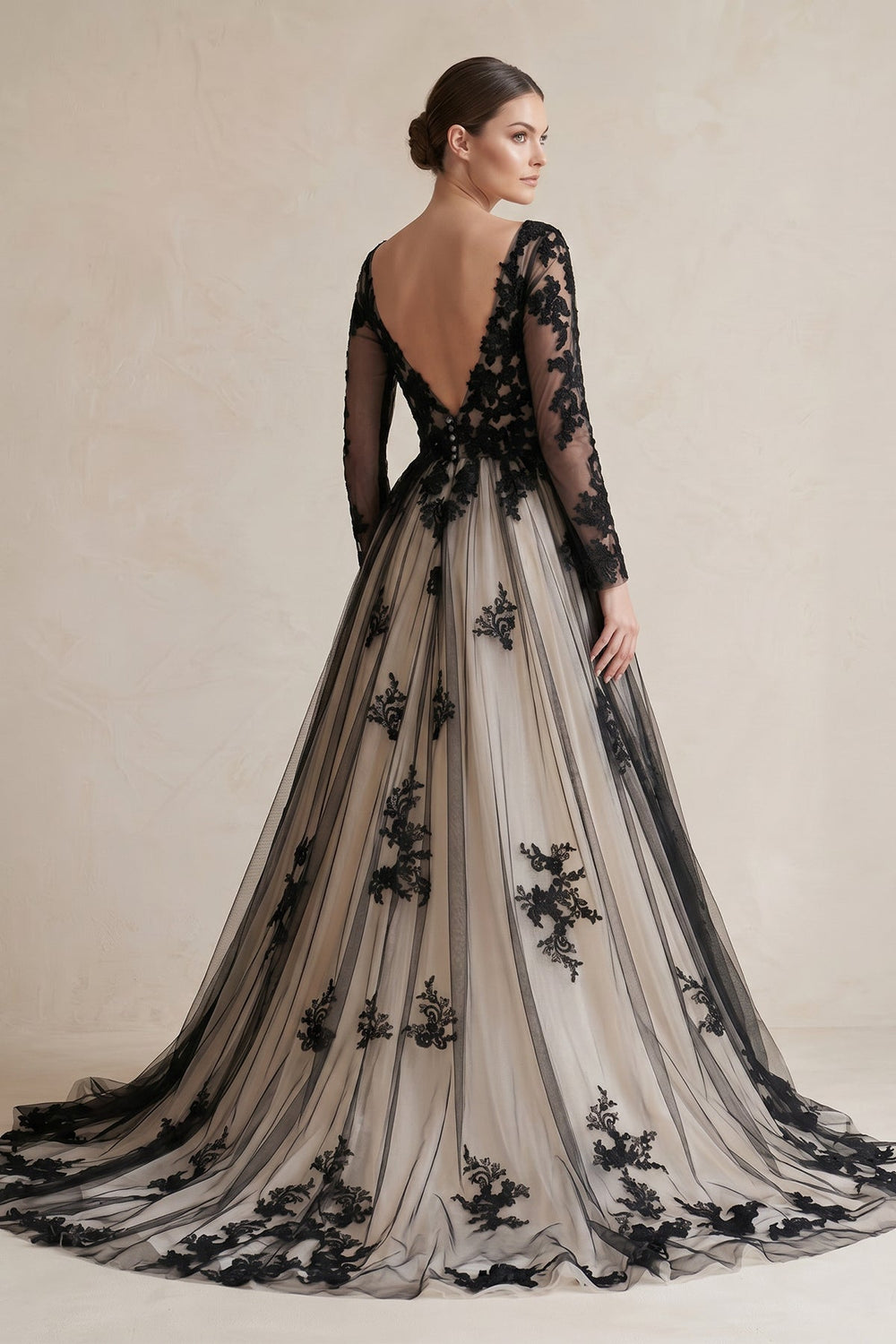 Plunging Tulle Appliqued Ball - Gown Wedding Dress in Black and Nude - KISS BRIDAL Wedding Dresses