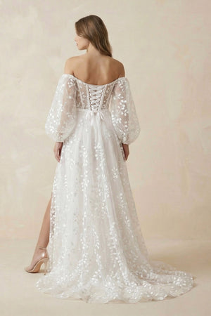 A - Line Ivory Off - the - Shoulder Lace Wedding Dress - KISS BRIDAL Wedding Dresses