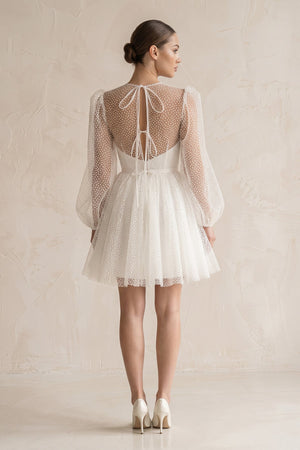 Polk Dots Tulle A - Line Mini Wedding Dress With Sleeves in White - SHE IS ME Wedding Dresses