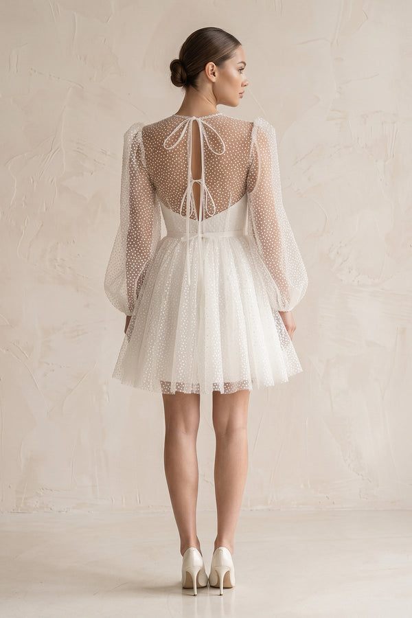 Polk Dots Tulle A - Line Mini Wedding Dress With Sleeves in White - SHE IS ME Wedding Dresses