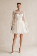Polk Dots Tulle A - Line Mini Wedding Dress With Sleeves in White - SHE IS ME Wedding Dresses