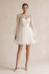 Polk Dots Tulle A - Line Mini Wedding Dress With Sleeves in White - KISS BRIDAL Wedding Dresses