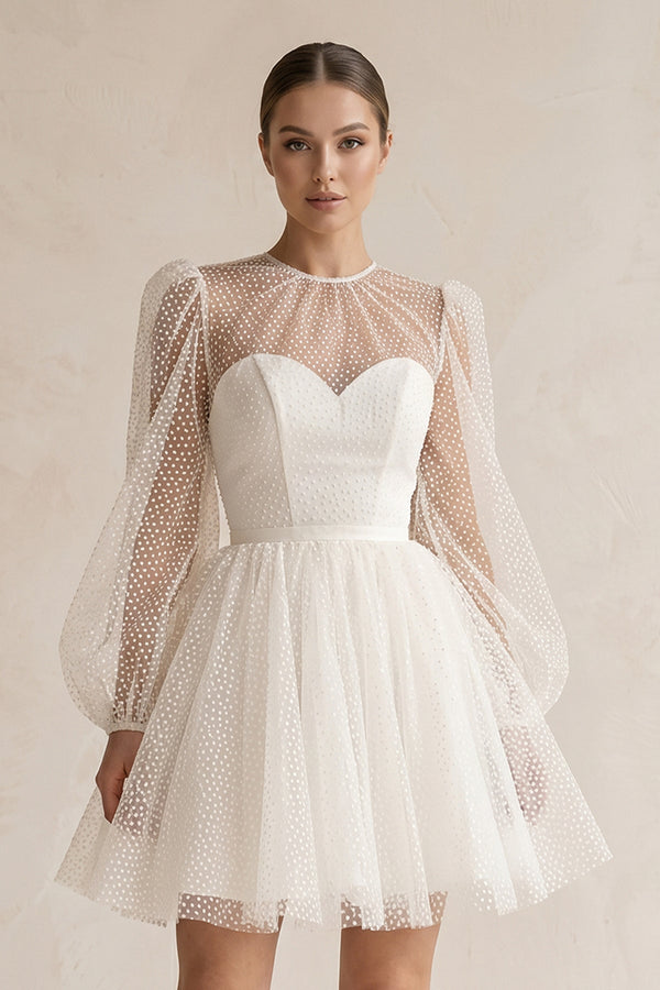 Polk Dots Tulle A - Line Mini Wedding Dress With Sleeves in White - SHE IS ME Wedding Dresses