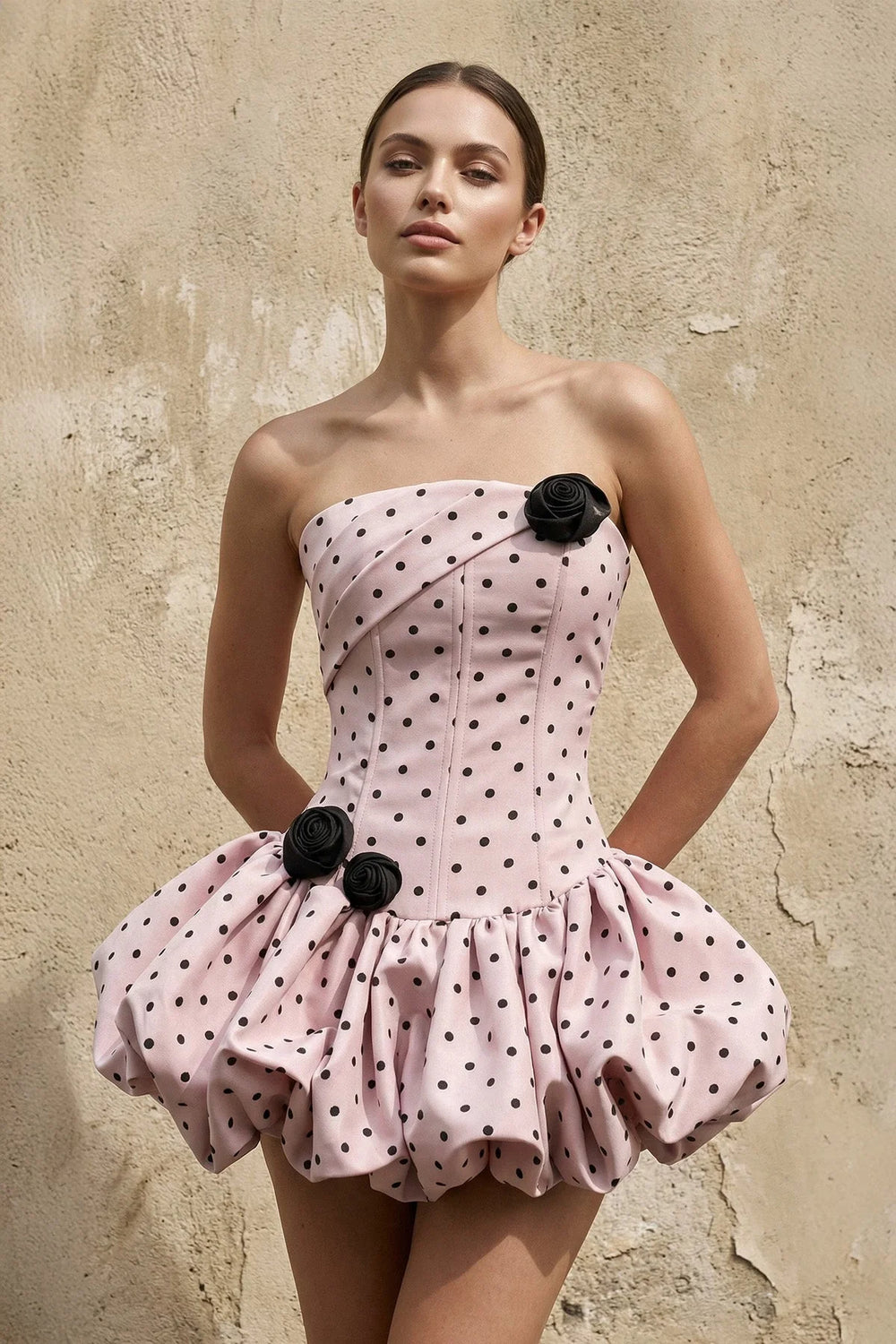 Polka Dot Mini Dress With Floral in Pink - SHE IS ME