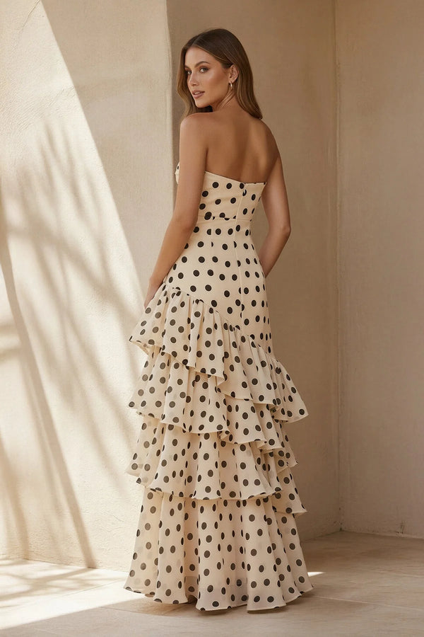 Polka Dot Strapless Ruffled Gown in Ivory - SHE IS ME