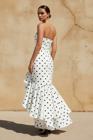 Polka Dots Ruffled Maxi Dress in White - SHE IS ME