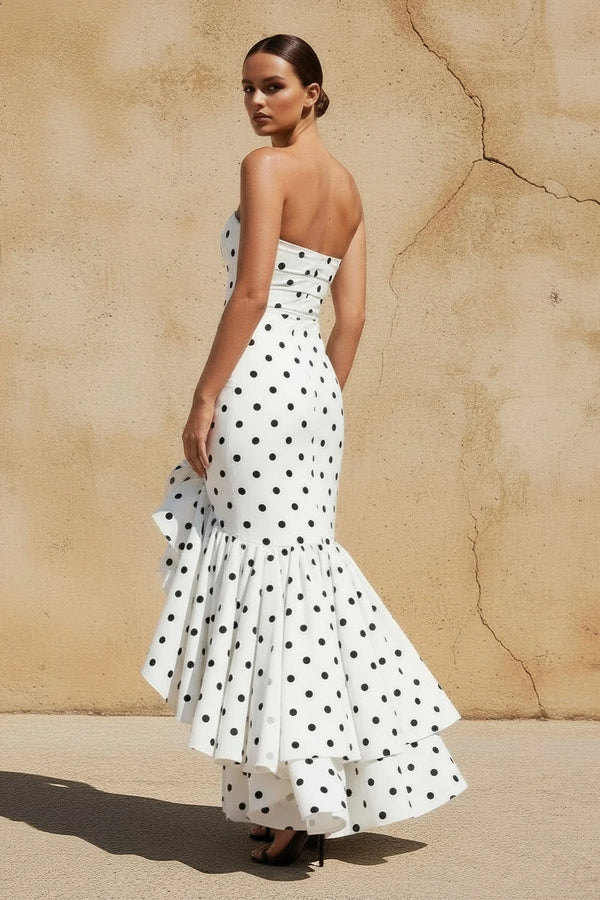 Polka Dots Ruffled Maxi Dress in White - SHE IS ME