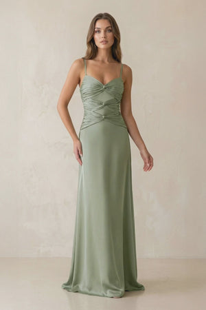 Dove Gray Cami Strap Pleated Sheath Satin Bridesmaid Dress | KISSBRIDAL