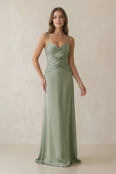 Dove Gray Cami Strap Pleated Sheath Satin Bridesmaid Dress | KISSBRIDAL