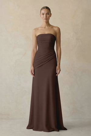 Espresso Cami Strap Pleated Sheath Satin Bridesmaid Dress | KISSBRIDAL