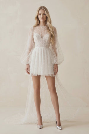 Illusion A - Line Long Sleeves Mini Wedding Dress With Beaded in White - KISS BRIDAL Wedding Dresses