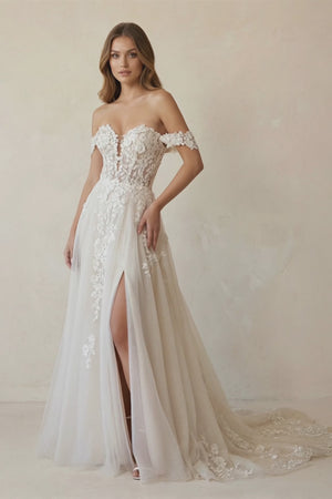 Off The Shoulder Appliqued Wedding Dress With Slit in White and Nude - KISS BRIDAL Wedding Dresses