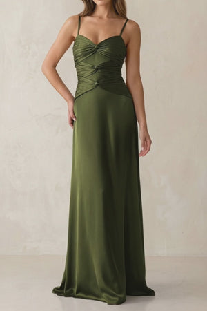Olive Cami Strap Pleated Sheath Satin Bridesmaid Dress | KISSBRIDAL