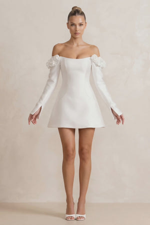 Off - the - Shoulder Satin A - Line Wedding Dress with Long Sleeeves in White - KISS BRIDAL Wedding Dresses