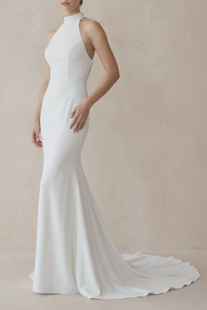 Halter Mermaid Satin Wedding Dress With Beading in White - KISS BRIDAL Wedding Dresses