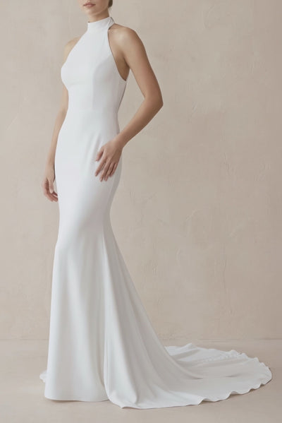 Halter Mermaid Satin Wedding Dress With Beading in White - KISS BRIDAL Wedding Dresses
