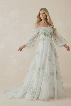 Floral Printed Organza A - Line Off - the - Shoulder Wedding Dress in White - KISS BRIDAL Wedding Dresses
