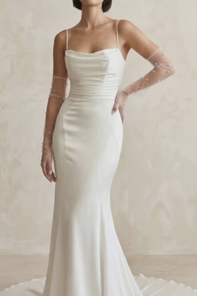 Satin Spaghetti Straps Mermaid Wedding Dress With Sleeve in White - KISS BRIDAL Wedding Dresses