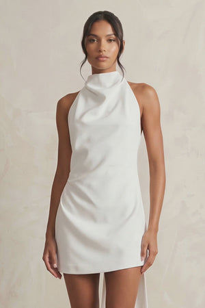 High - Neck Sheath Crepe Mini Wedding Dress in Diamond White- KISS BRIDAL Wedding Dresses